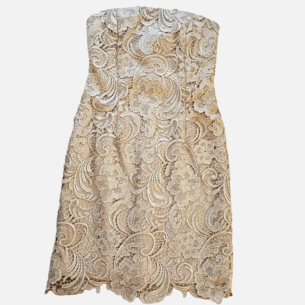 Vintage Cache Strapless Tan Floral Lace Bodycon Cocktail Dress